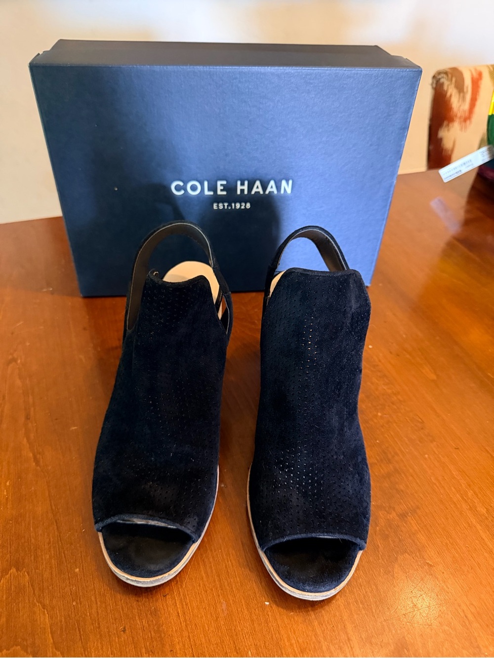 Cole Haan Black Suede Calista OT Peep-Toe Slingback Heels